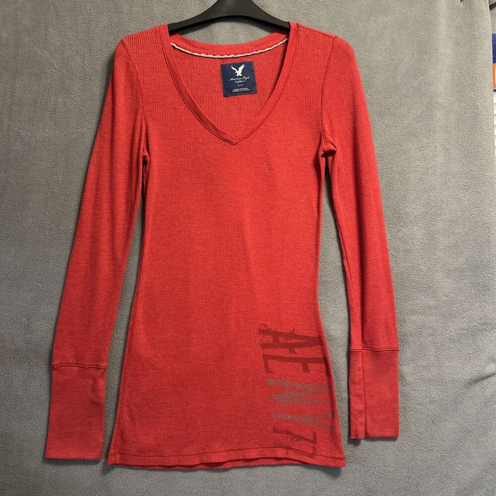 VTG Y2K American Eagle Womens Thermal Shirt Size M Red Spell Out Vampire Diaries